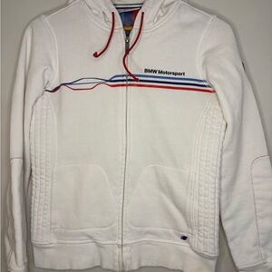 BMW White Hoodie with Red and Blue Motorsport Stripes